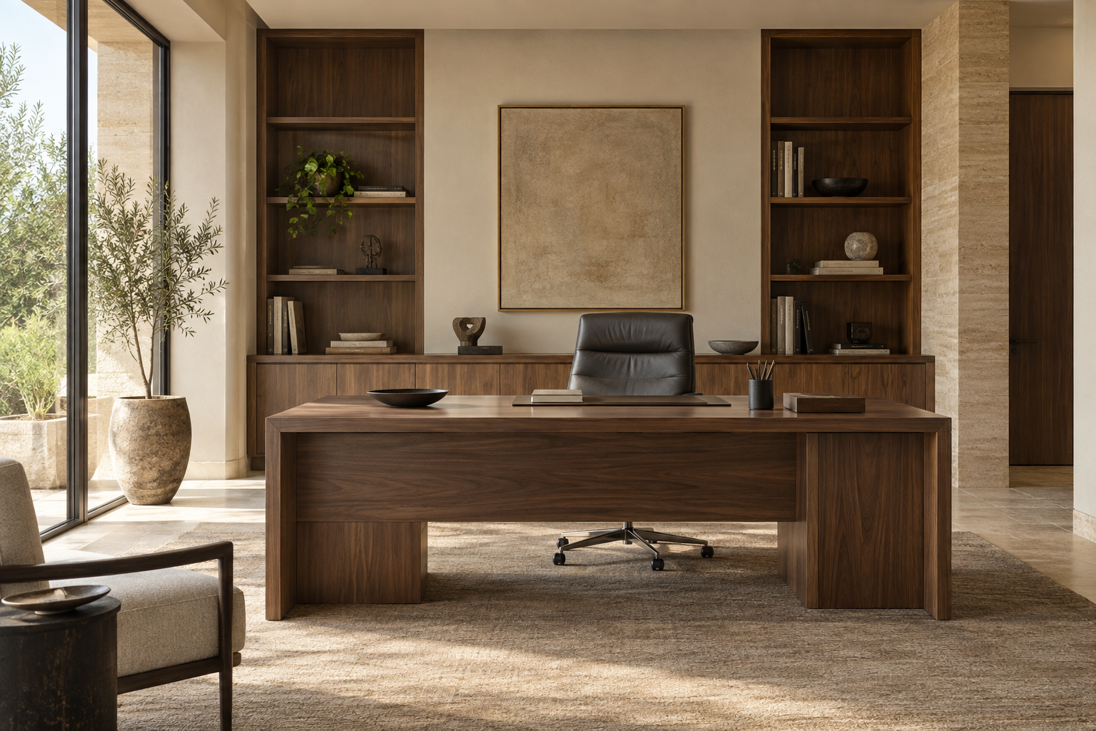 Workspace 02 — تصور لمكتب تنفيذي هادئ بخشب طبيعي وضوء النهار